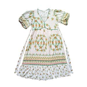 Fig and Flower Midi Dress M Ivory Floral Green Cottage Prairie Puff Sleeve